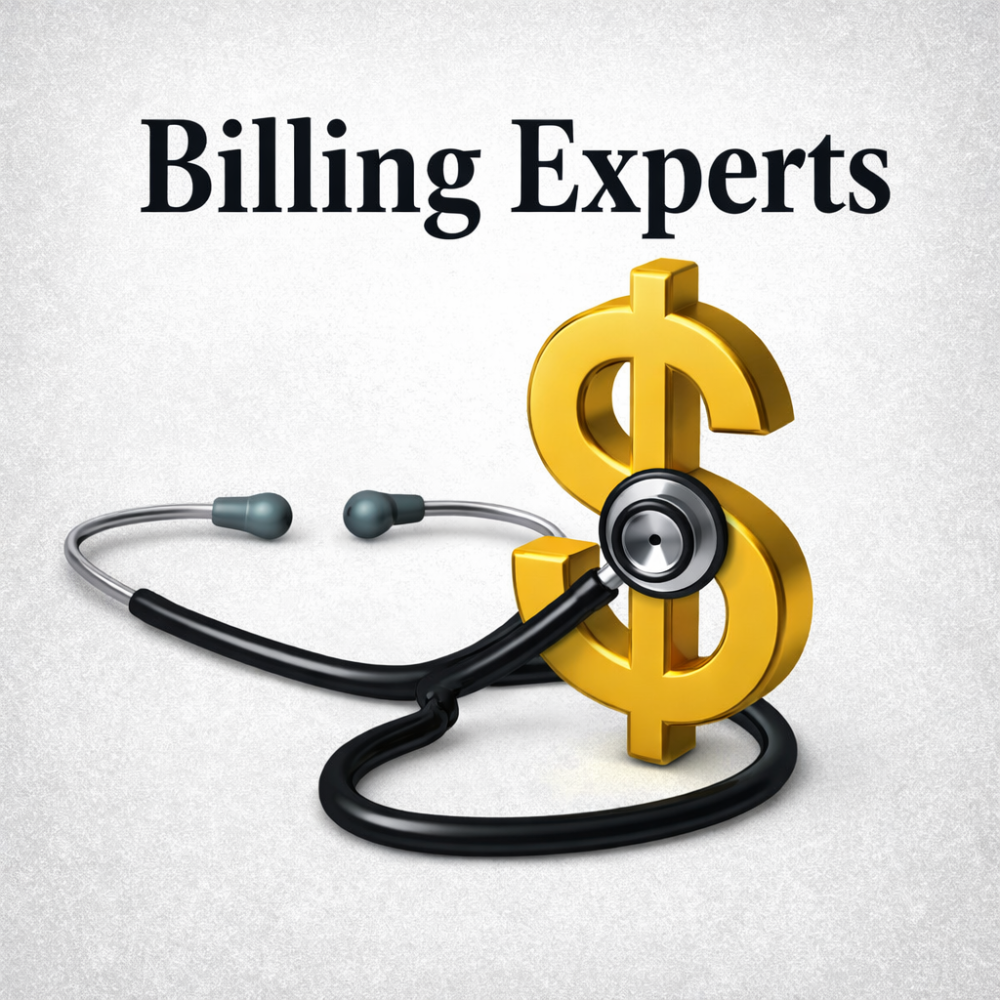 A gold dollar sign with a stethoscope wrapped around it, symbolizing medical billing expertise. The words Billing Experts appear at the top of the image.
